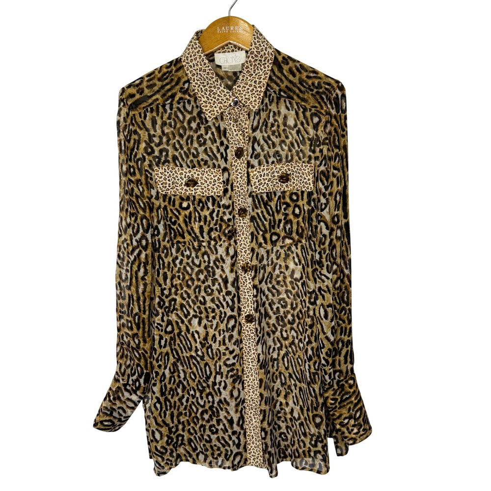 Vintage Cache Silk Cheetah Print Button Front Tunic Top Medium